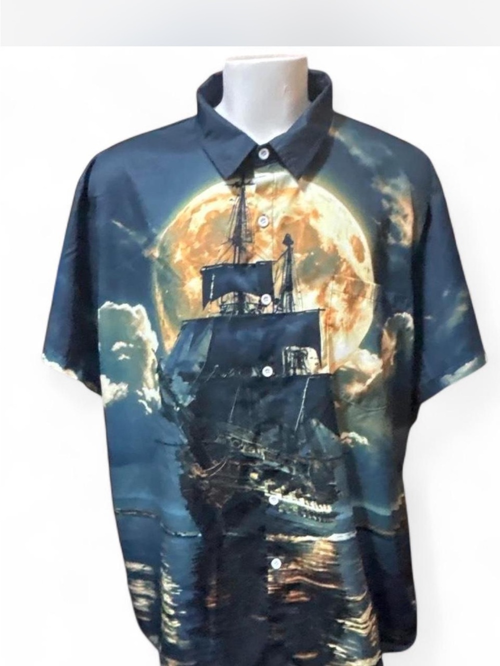 Navy Moonship Print Short-Sleeve Button-Down Shirt big and tall beach vacation